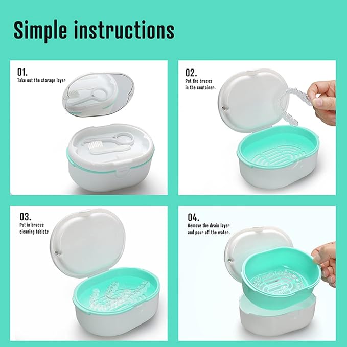 MURRI&MURRDI Retainer Case, Denture Bath Box with Strainer Basket, Mouth Guard Case, Braces Cleaner Cup, Cute Retainer Holder Denture Storage Soak Container for Travel Cleaning (D White)