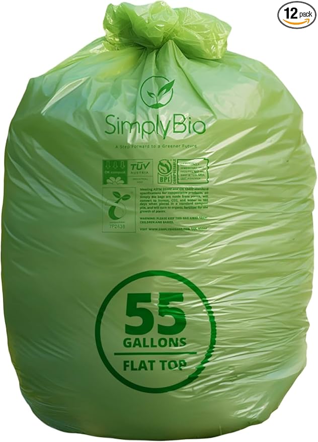 50-55 Gallon Compostable Trash Bags Flat-Top, Heavy Duty Extra Thick 1.57 Mil, 208.2 Liter, 12 Bags, Large Lawn and Yard Waste Bag, ASTM D6400, US BPI and OK Compost Home Certified