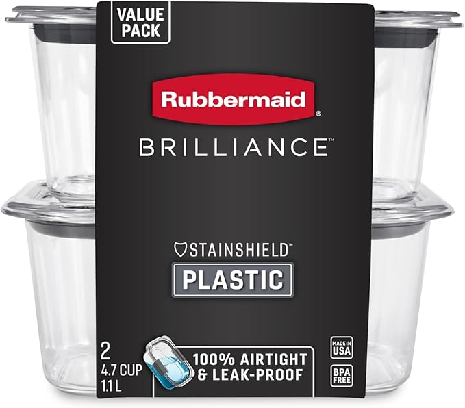 Rubbermaid Brilliance BPA-Free Food Storage Containers, Medium Deep, 4.7 Cup, 2-Pack, Airtight & Leak-Proof, Microwave & Dishwasher Safe
