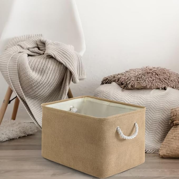 Organization and Storage Basket for Organizing - 17X15X12 inch 2 Pack Collapsible Baskets for Shelves, Fabric Storage Cubes with Rope, Storage Box for Cloth Decorative Gift (Beige)