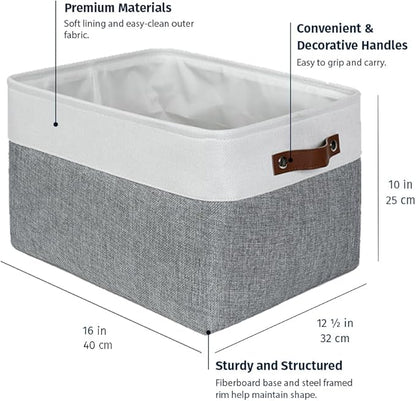 OrganiHaus Extra Large Fabric Storage Baskets for Shelves 3 Pack | 16x13in Closet Storage Bins for Shelves | Cloth Baskets for Organizing | Linen Closet Organizers | Fabric Storage Bin - Gray/White