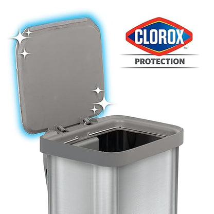 Glad Stainless Steel Step Trash Can, Series 2 with Clorox Protection - Large Metal Kitchen Garbage Bin with Soft Close Lid, Foot Pedal and Waste Bag Roll Holder, 13 Gallon