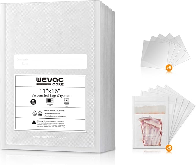 Wevac 11" x 16" Precut Vacuum Sealer Bags, 100 Count, Includes 5 Liquid Block Bags & 5 Bone Guard Pieces, Heavy Duty for Food Storage, Sous Vide & Meal Prep