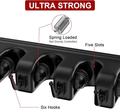 LETMY Broom Holder Wall Mount - Mop and Broom Hanger Holder - Garage Storage Rack & Garden Tool Organizer - 5 Position 6 Hooks Broom Rack for Home, kitchen, Garden, Tools, Garage Organization - Black