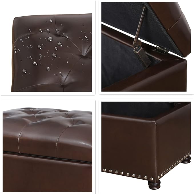 24'' Leather Storage Ottoman Rectangular Foot Rest Stool with Nailhead Trim for Bedroom Living Room(Dark Brown)