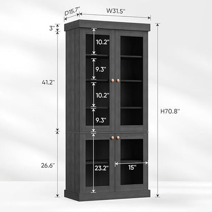 70.8" Bookshelf with Glass Doors, Farmhouse Modular Bookcase with 6-Tier Adjustable Shelves, Large Storage Cabinet for Living Room & Home Office, Set of 3, Black