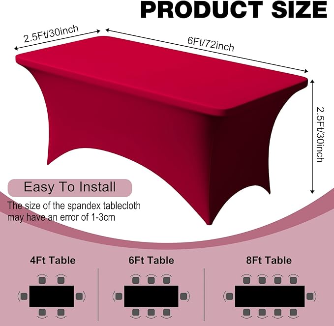 Trlyc 2 Pack 6FT Spandex Table Cloth - 72 x 30 Inch Rectangular Stretch Tablecloth, Wrinkle Resistant Scretch Table Cover for Wedding, Party, Banquet, Picnic, Outdoor Decoration (2Pcs,Burgundy)