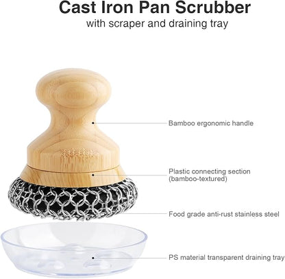 Cast Iron Scrubber and Scraper,Chain Mail Cleaner with Bamboo Handle & Draining Tray,316 Stainless Steel Brush for Cleaning Pots,Pans,Wok,Bakeware,Griddles, Grills(Small&Large ChainMail,2pcs)