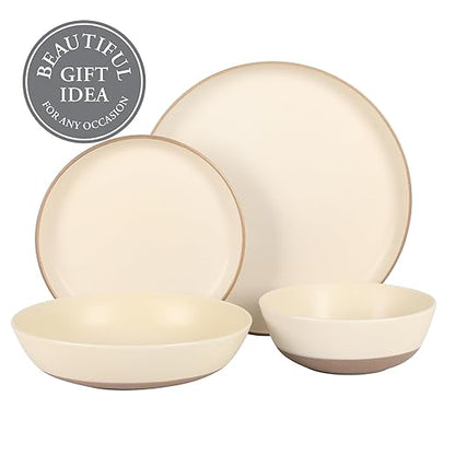 Gibson Elite Laguna Bliss 16 Piece Stoneware Reactive Glaze (Service for 4) Ceramic Plates and Bowls Dinnerware Set - Matte Cream White W/Terracotta Bottom