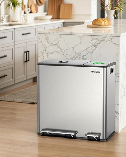 Dual Trash and Recycling Bins for Kitchen, 13.2 + 5.2 Gal (50+20L) Stainless Steel Trash and Recycle Bin Combo with Soft-Close Lid, Large Garbage Cans for Kitchen Home with 2 Magnets Sticker, Silver