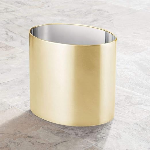 mDesign Stainless Steel Metal Oval Trash Can, 7.9 Liter/2.09 Gallon Wastebasket, Garbage Basket Bin for Bathroom, Bedroom, Kitchen, Home Office, Holds Waste and Recycle, Mirri Collection, Soft Brass