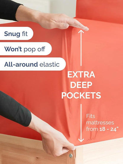 Extra Deep Pocket King Sheets - 4 Piece Breathable & Cooling Bed Sheets - Hotel Luxury Bed Sheet Set - Soft, Wrinkle Free & Comfy - Easily Fits Extra Deep Mattresses - Deep Pocket Coral Sheets Set