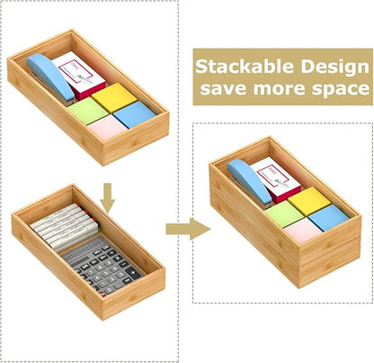 Bamboo Kitchen Drawer Organizer,Stackable Silverware Tray Utensil Organizer Cutlery Holder for Kitchen,Wooden Storage Box for Bathroom, Multi-Use Drawer Organizer for Office,Makeup(12x6x2.5 inch）