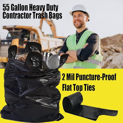 Contractor Heavy Duty Trash Bags 55 Gallon | 52 Count | 2 MIL | 36" X 56" | Large Black Flap Tie Construction Garbage Bags for Business Home Commercial, Industrial, Storage, Outdoor