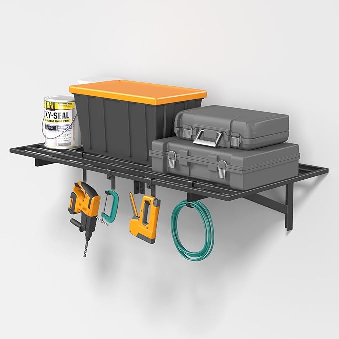 2x4ft Heavy Duty Garage Shelving, 2' x 4' Garage Wall Shelving Wall Mounted, 200LB Capacity Storage Rack with Hooks (1pack-2x4ft)