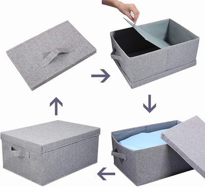 HOONEX Linen Foldable Storage Bins with Lids, 2 Pack, Storage Boxes with Carrying Handles and Sturdy Heavy Cardboard, 16.5" L x 11.8" W x 7.5" H for Shoes, Books, Clothes, Light Grey