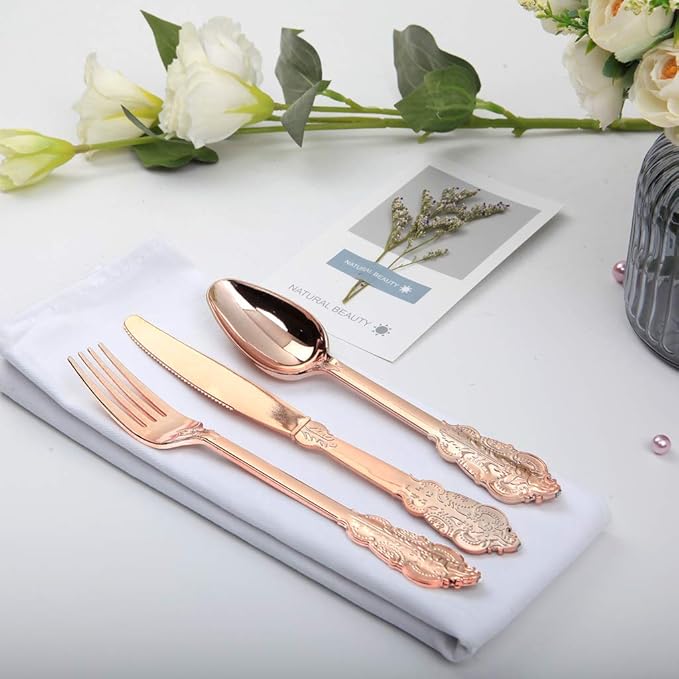 WDF-300 Pieces Rose Gold Plastic Silverware- Disposable Flatware -Heavyweight Plastic Cutlery- Includes 100 Forks, 100 Spoons, 100 Knives for Wedding& Parties