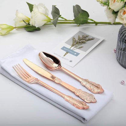WDF-300 Pieces Rose Gold Plastic Silverware- Disposable Flatware -Heavyweight Plastic Cutlery- Includes 100 Forks, 100 Spoons, 100 Knives for Wedding& Parties