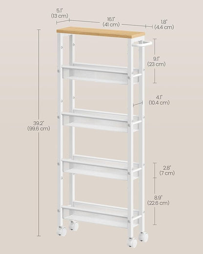 VASAGLE Slim Rolling Cart, 5-Tier Storage Cart, Narrow Cart with Handle, 5.1 Inches Deep, Metal Frame, for Kitchen, Dining Room, Living Room, Home Office, Oak Beige and Classic White ULRC034W09