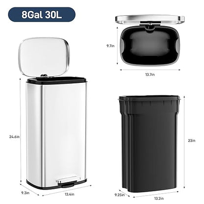 Arlopu 8 Gallon Step Trash Can, Stainless Steel Garbage Bin, Soft-Close Rubbish Bin with Removable Plastic Inner Bucket, Fingerprint-Proof, Lid Dustbin, Suit for Kitchen Home (Silver, 30L)