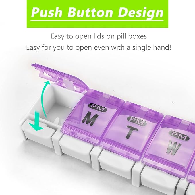 Extra Large Weekly Pill Organizer 2 Times a Day - Remtise Am/Pm Daily Pill Case Medicine Organizer, Push Button 7 Day Pill Box for Pills/Vitamin/Cod Liver Oil/Supplements (Purple & Green)