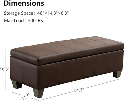 51 Inch Brown Faux Leather Ottoman with Storage, Rectangular Extra Long Bench, End of Bed Bench with Large Storage for Bedroom, Living Room