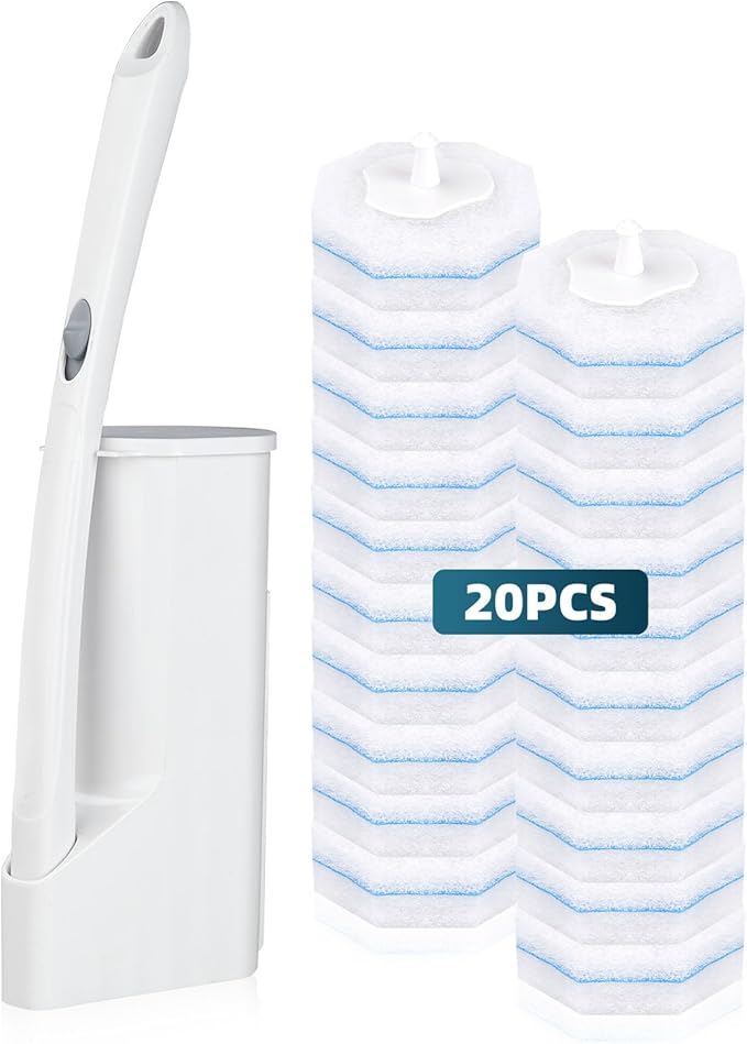 RLOW Disposable Toilet Brush Set with 20 Refills, Toilet Bowl Brush and Holder Disposable Toilet Cleaning System- Toilet Brush, Storage Caddy and 20 Refill Heads for Bathroom Cleaning