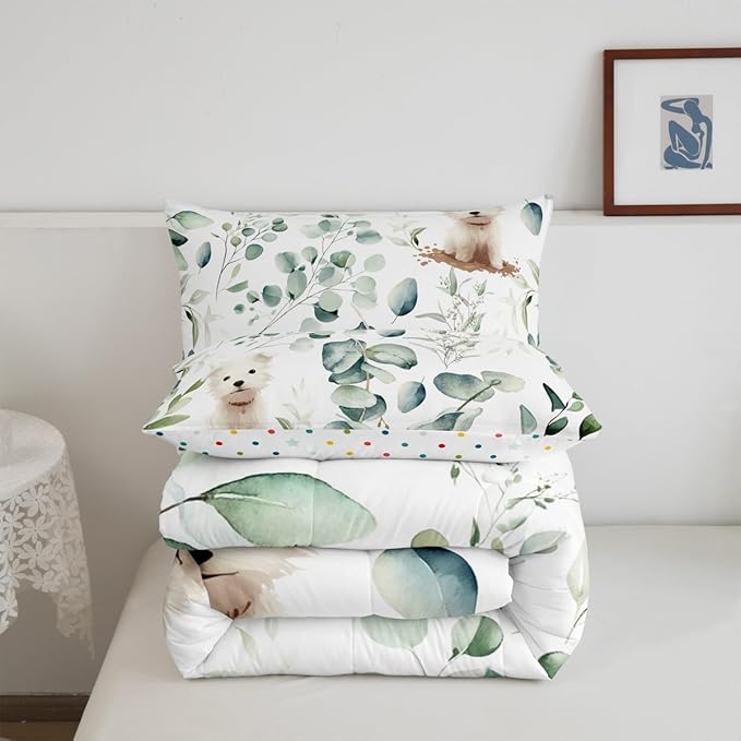 Erosebridal Cute Dog Bedding Queen Size for Kids Child Green Eucalyptus Comforter Set Queen, Pet Animal Duvet Insert Botanical Plant Leaves Quilt Set, Cartoon Pug Puppy Bedding Comforters & Sets