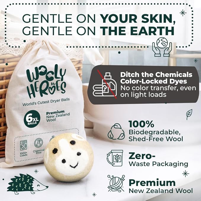 No More Dryer Sheets! Reusable Wool Dryer Balls XL 6-Pack - Reduces Static, Cuts Dry Time, & Softens Naturally