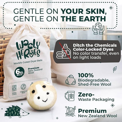 No More Dryer Sheets! Reusable Wool Dryer Balls XL 6-Pack - Reduces Static, Cuts Dry Time, & Softens Naturally
