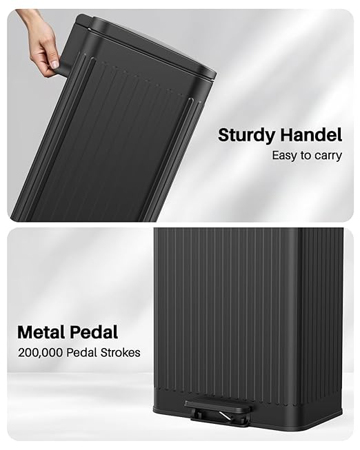 Lovewind 60 Liter/ 16 Gallon Stainless Steel Trash Can with Soft-Close Lid, Large Footstep Garbage Can with Roman Texture, Removable Inner Buckets, Recycling Bin for Kitchen Office, Black