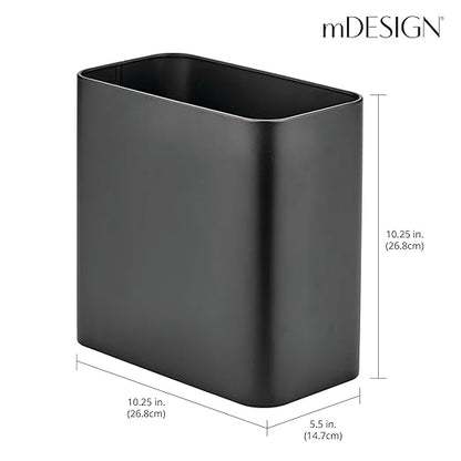 mDesign Small Metal 2.4 Gallon Trash Can Wastebasket Garbage Bin for Bathroom - Mini Slim Rubbish Waste Bin for Master or Guest Bath, Bedroom, Garage, Laundry Room, or Playroom, Black, Pack of 1
