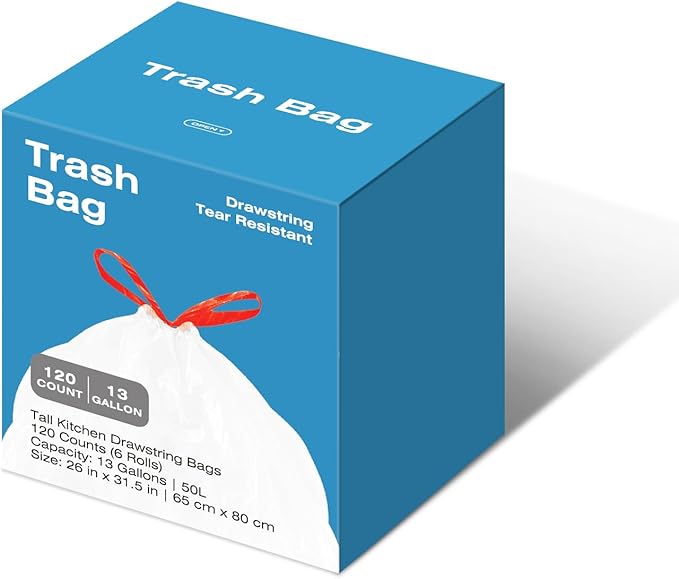 13.2 Gallon Tall Kitchen Drawstring Trash Bags, 120 Count Pre-separated Garbage Bags, Unscented, Leak Proof, Waste Bag for Kitchen, Office, Home