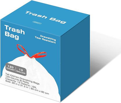 13.2 Gallon Tall Kitchen Drawstring Trash Bags, 120 Count Pre-separated Garbage Bags, Unscented, Leak Proof, Waste Bag for Kitchen, Office, Home