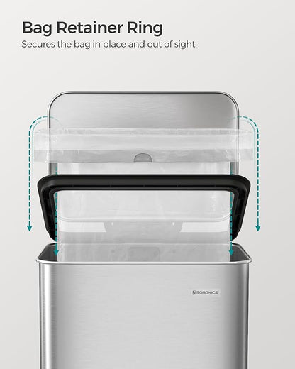 SONGMICS Kitchen Trash Can, 10.5 Gallon (40 L) Garbage Can, Large Step Trash Bin with Lid, Stainless Steel, Soft Close, 15 Trash Bags Included, Silver ULTB540E40