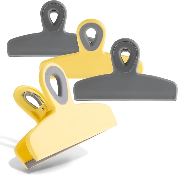 COOK WITH COLOR Bag Clips - Heavy Duty Chip Clip and Refrigerator Magnet Clips for Food Storage with Air Tight Seal Grip, Yellow and Grey, Pack of 4 Large Clips