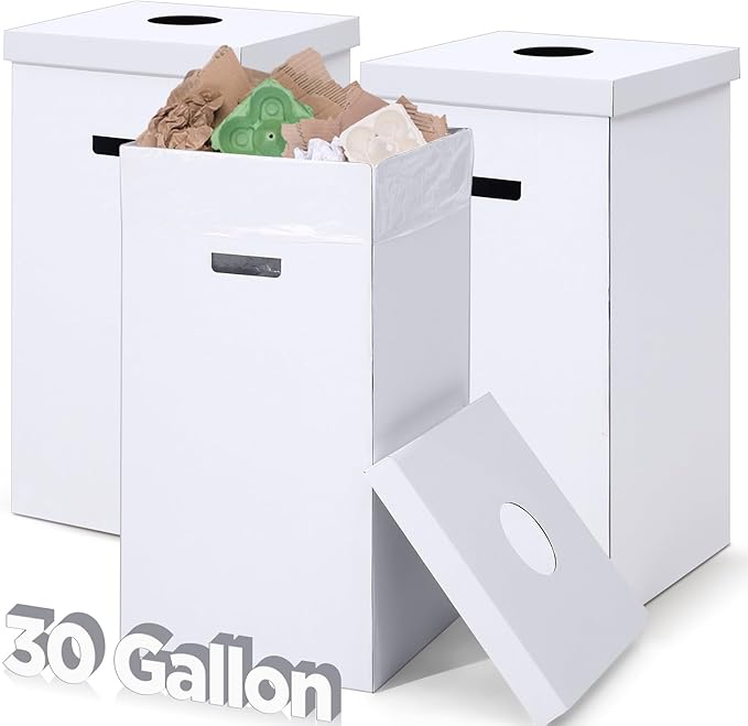 3 Pcs Cardboard Trash Cans with Lid Disposable and Reusable Corrugated Cardboard Trash Cans Recycling Bins Bulk with 6 Garbage Bags White Rubbish Boxes for Parties Events(30 Gallon)