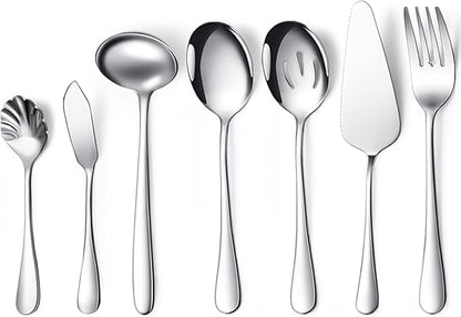 Patelai Serving Utensils Set Include Stainless Steel Large Spoons Slotted Spoons Forks Tongs Soup Ladle and Pie Server for Parties Buffet Catering, Dishwasher Safe(Silver,7 Pieces)