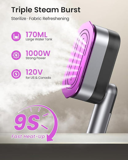 2-in-1 Handheld Steamer and Iron for Clothes, 1000W Travel Steamer with Ceramic Soleplate, 9s Fast Heat-Up, Leak-Proof 170mL Tank, Self-Clean, Portable Wrinkle Remover for Home & Travel, 120V
