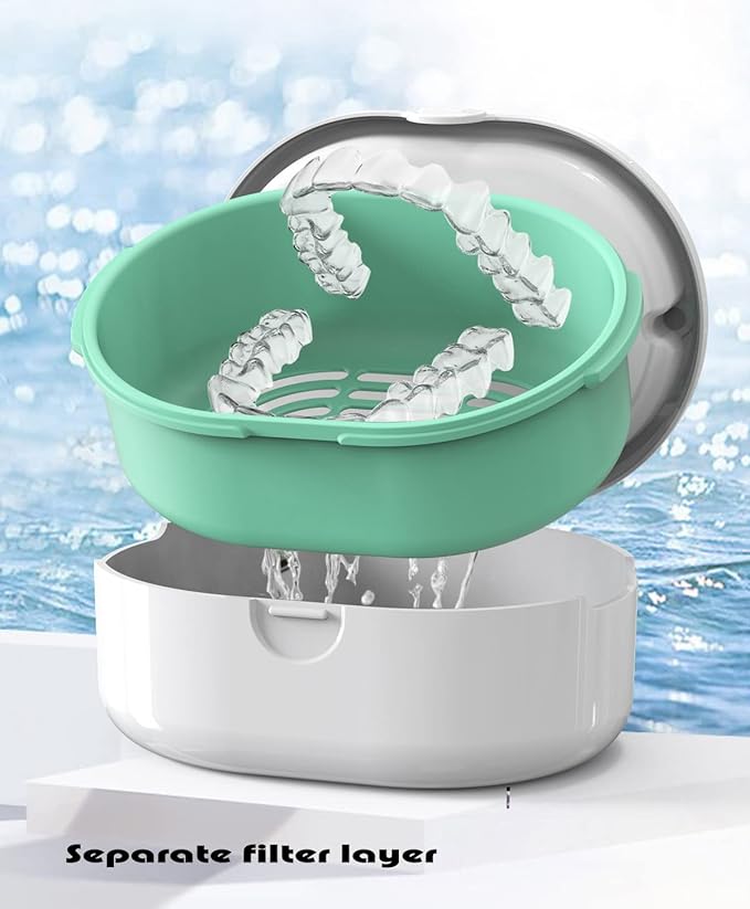 MURRI&MURRDI Retainer Case, Denture Bath Box with Strainer Basket, Mouth Guard Case, Braces Cleaner Cup, Cute Retainer Holder Denture Storage Soak Container for Travel Cleaning (D White)