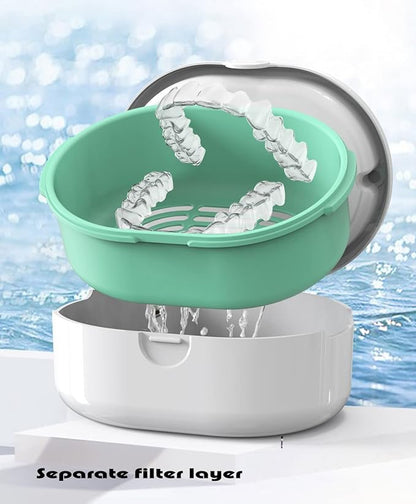 MURRI&MURRDI Retainer Case, Denture Bath Box with Strainer Basket, Mouth Guard Case, Braces Cleaner Cup, Cute Retainer Holder Denture Storage Soak Container for Travel Cleaning (D White)