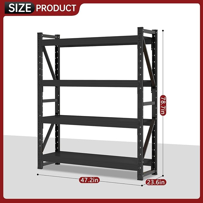 4000LBS Storage Shelves Heavy Duty, 48" W Metal Garage Shelving Units, 4 Tier Adjustable Shelf, Garage Storage Shelves Rack, Industrial Shelving for Warehouse, Basement,48" W x 24" D x 79" H