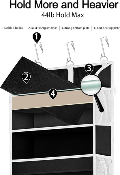 1 Pack Over The Door Storage Organizer with 5 Pockets 10 Mesh Side Pockets, 44 lbs Weight Capacity Door Hanging Organizers and Storage for Bedroom,Bathroom,Nursery,Pantry,Dorm(Black)