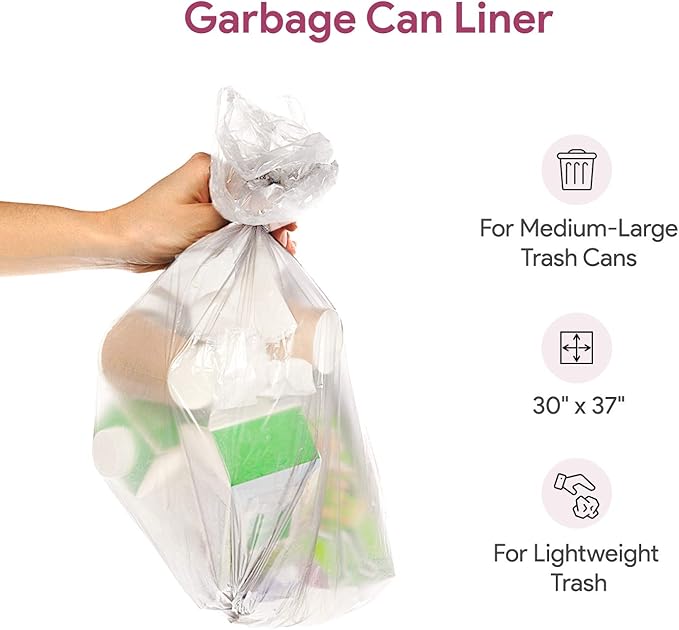 20-30 Gallon Clear Garbage Can Liners, 500 Count - Medium - Large Trash Can Liners - High Density, Thin, Lightweight, 10 Microns - For Office, Home, Hospital, Wastebaskets -20 Coreless Rolls