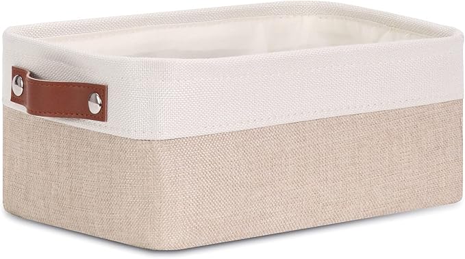 DULLEMELO Small Collapsible Fabric Basket for Organizing, Shelves, Closets, Laundry, Nursery, Decorative Gift Basket (White&Khaki)