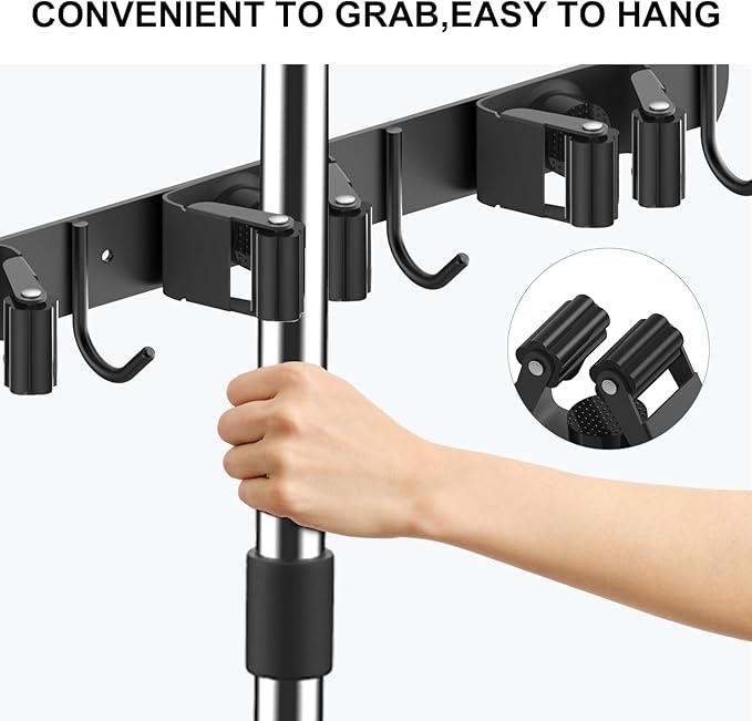 nacena Broom holder Wall Mount, 2-Pack Black Stainless Steel Self-Adhesive Mop and Broom Hooks Heavy Duty Broom and Mop Storage Rack laundry room organization for Kitchen Garden garage