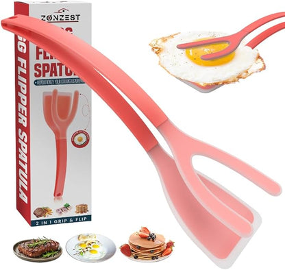 Silicone Egg Flipper Spatula Tongs (Set of 1) – Non-Stick 2-in-1 Grip & Flip Kitchen Tongs for Pancakes, Fish, Eggs, and More – Heat Resistant Cooking Tool (Red)
