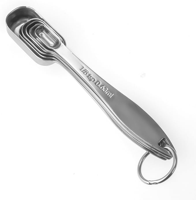 Accurate 18/8 Stainless Steel Measuring Spoons, Heavy Duty Good Handle Set of 6 Measuring Spoon with Ring Connector, Silver