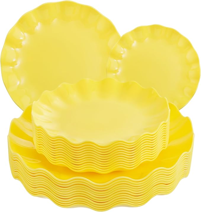 LIYH 24 Pcs Yellow Plastic Plates Reusable, Unbreakable Dinner Plates, Salad Plate, Microwave & Dishwasher Safe, Plate Sets Perfect for Parties,Birthday,Picnics (12guests)