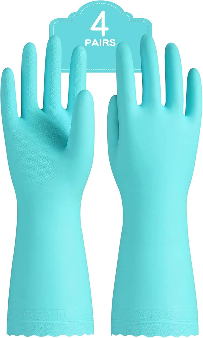 PACIFIC PPE 4 Pairs Reusable Dishwashing Cleaning Gloves with Latex Free, Cotton Lining, Kitchen Gloves, Green, Medium